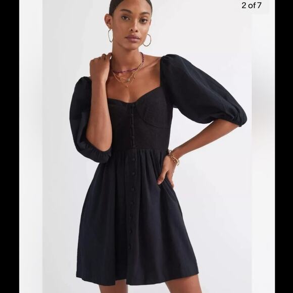 Anthropologie Maeve Puff Sleeve Smocked Button Front Black Mini Dress Size L NWT - Picture 1 of 11